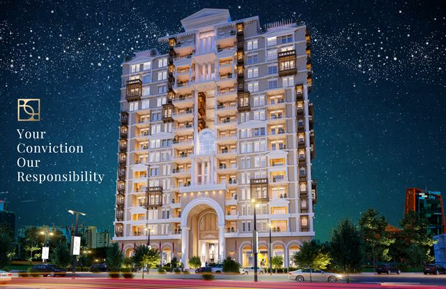 Night render of the tower with the line Your Conviction, Our Responsibility