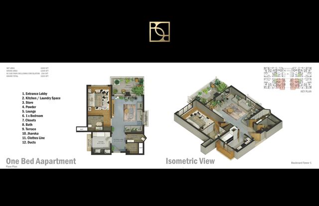 One-bedroom apartment floor plan with an isometric view