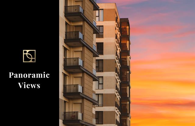Panoramic views page: balconies against a sunset sky