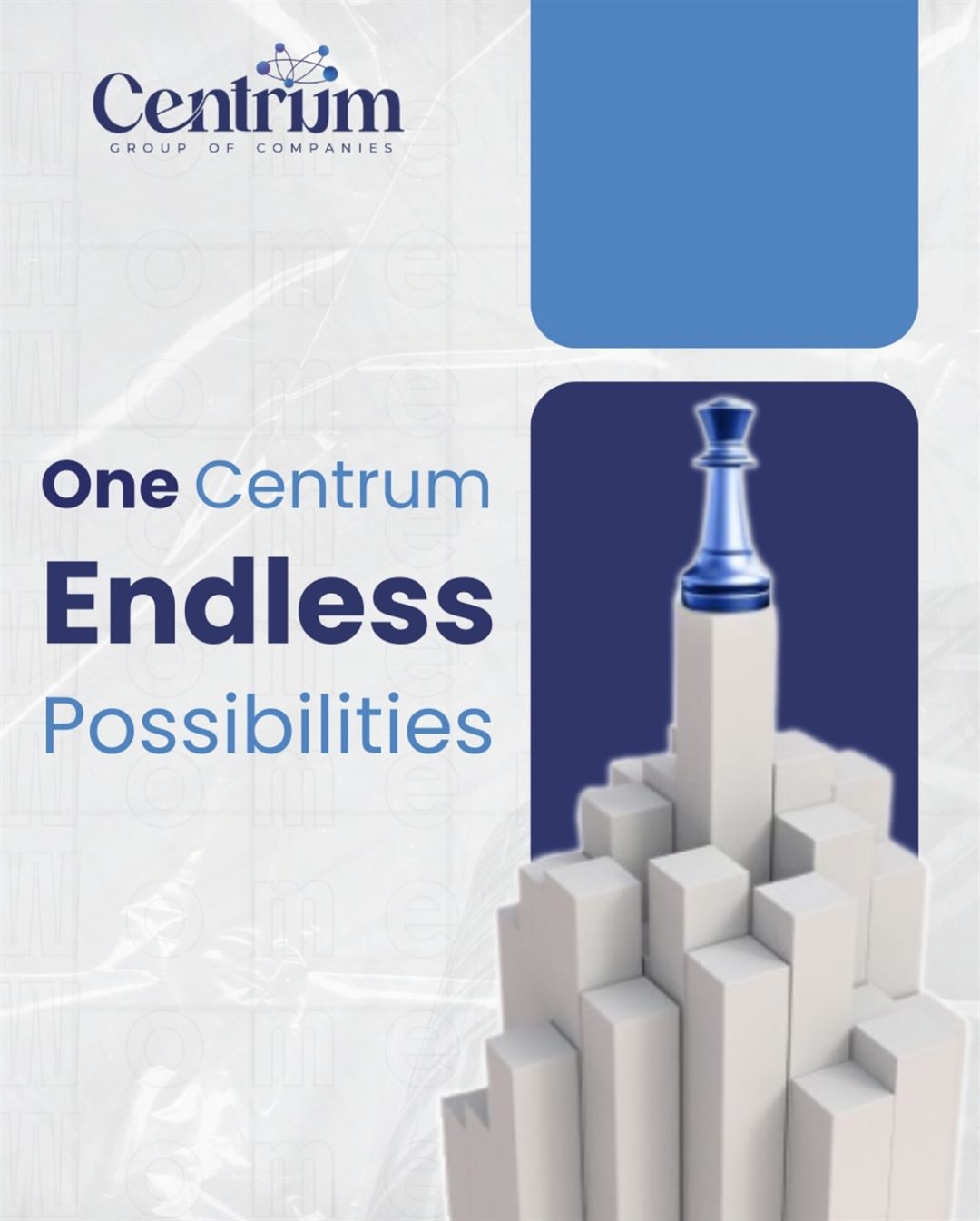 Centrum post: One Centrum, endless possibilities, with a blue chess queen on top of white blocks