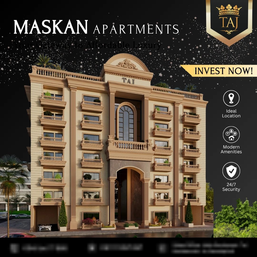 Maskan Apartments hero post: building render at night, Invest Now, ideal location, modern amenities, 24/7 security