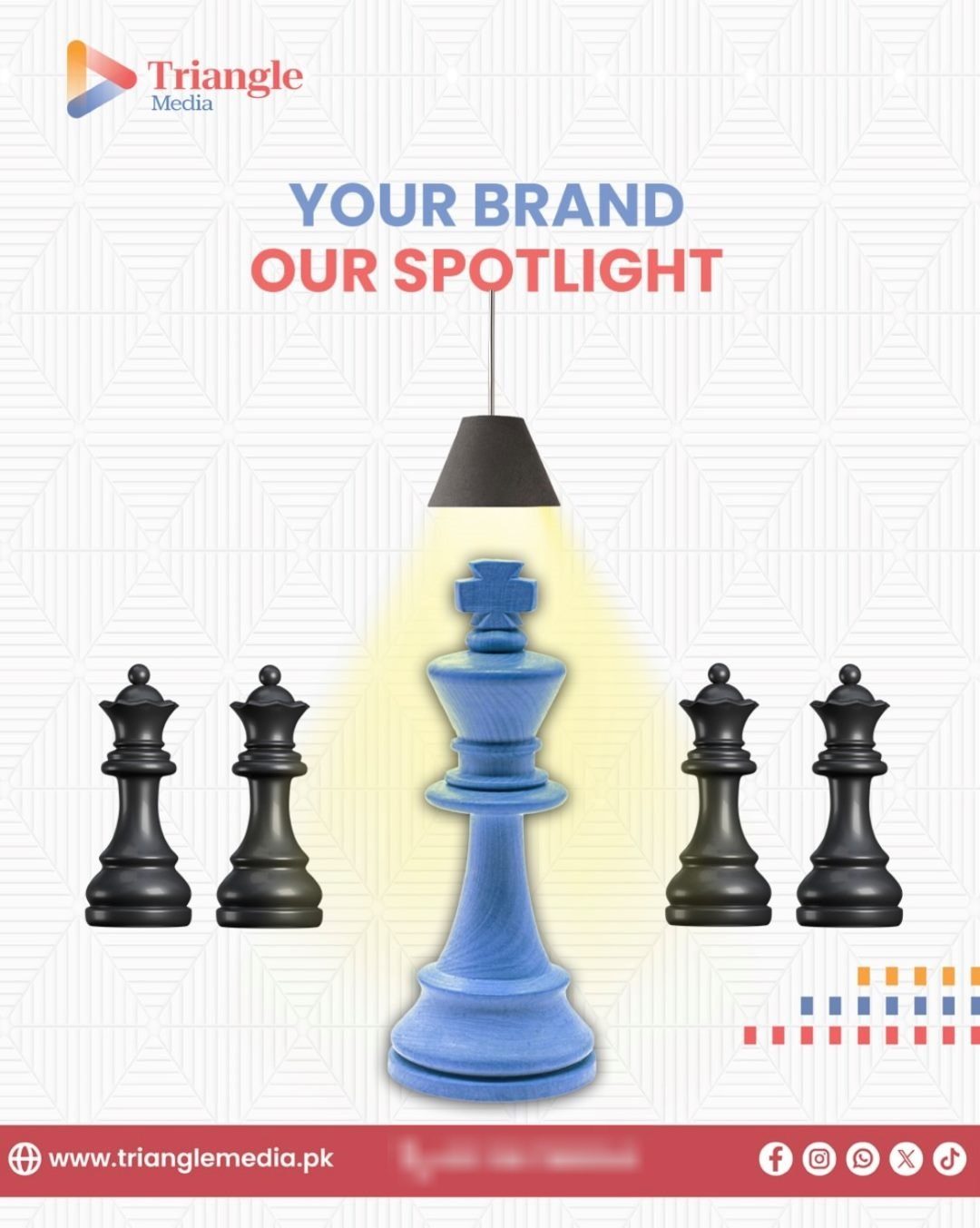 Triangle Media post: Your brand, our spotlight. A blue king chess piece under a lamp between black pieces