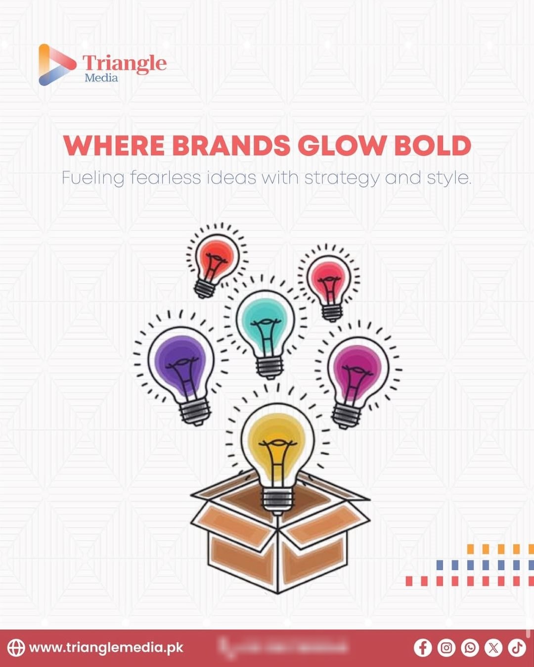 Triangle Media post: Where brands glow bold. Coloured light bulbs rise out of a box