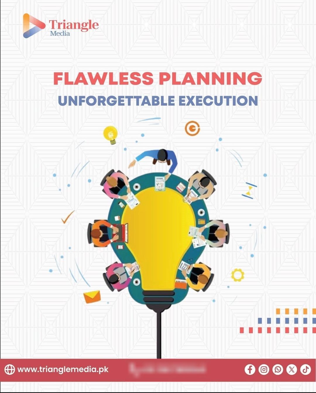 Triangle Media post: Flawless planning, unforgettable execution. A team around a bulb-shaped table