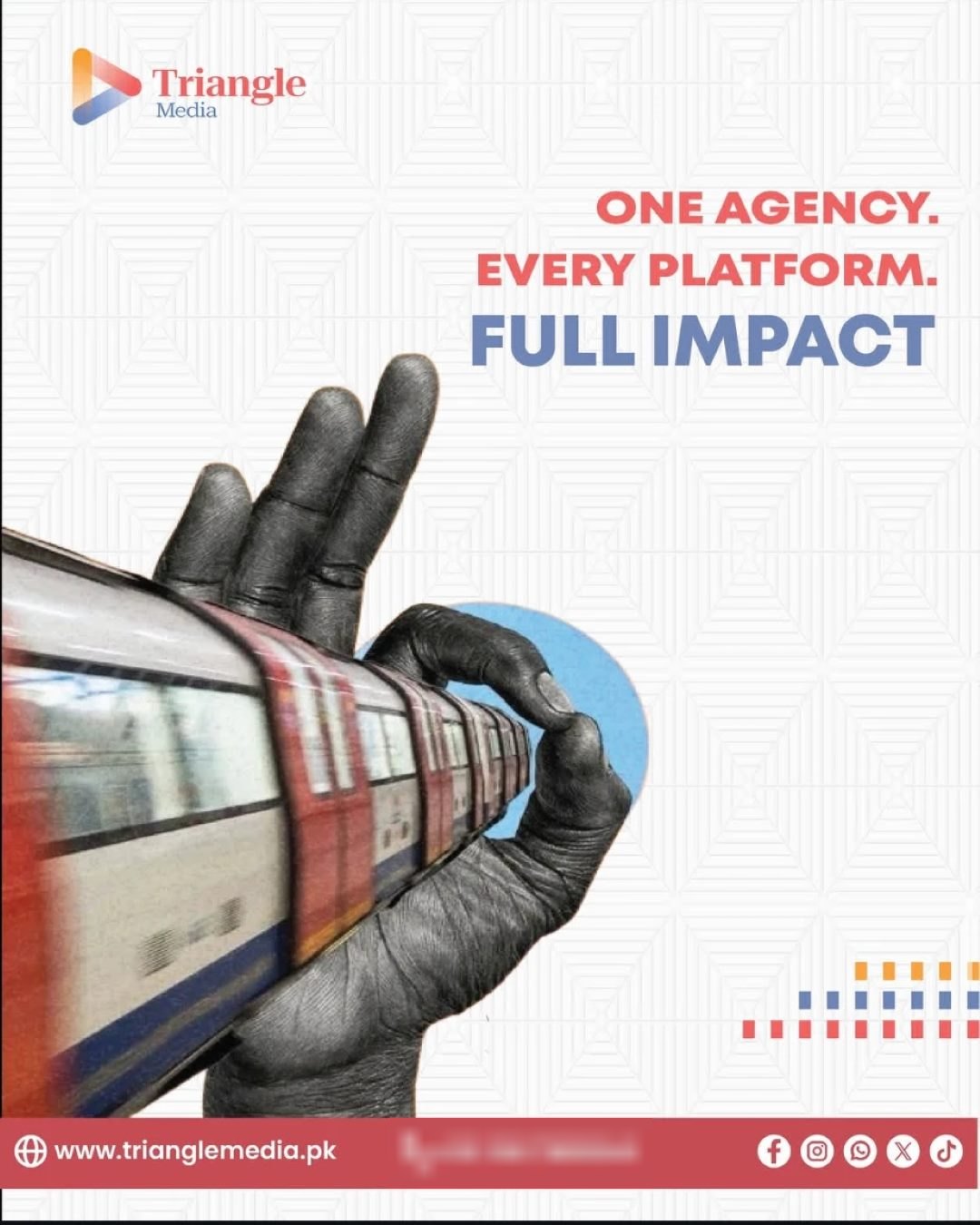 Triangle Media post: One agency. Every platform. Full impact. A hand holds a speeding train