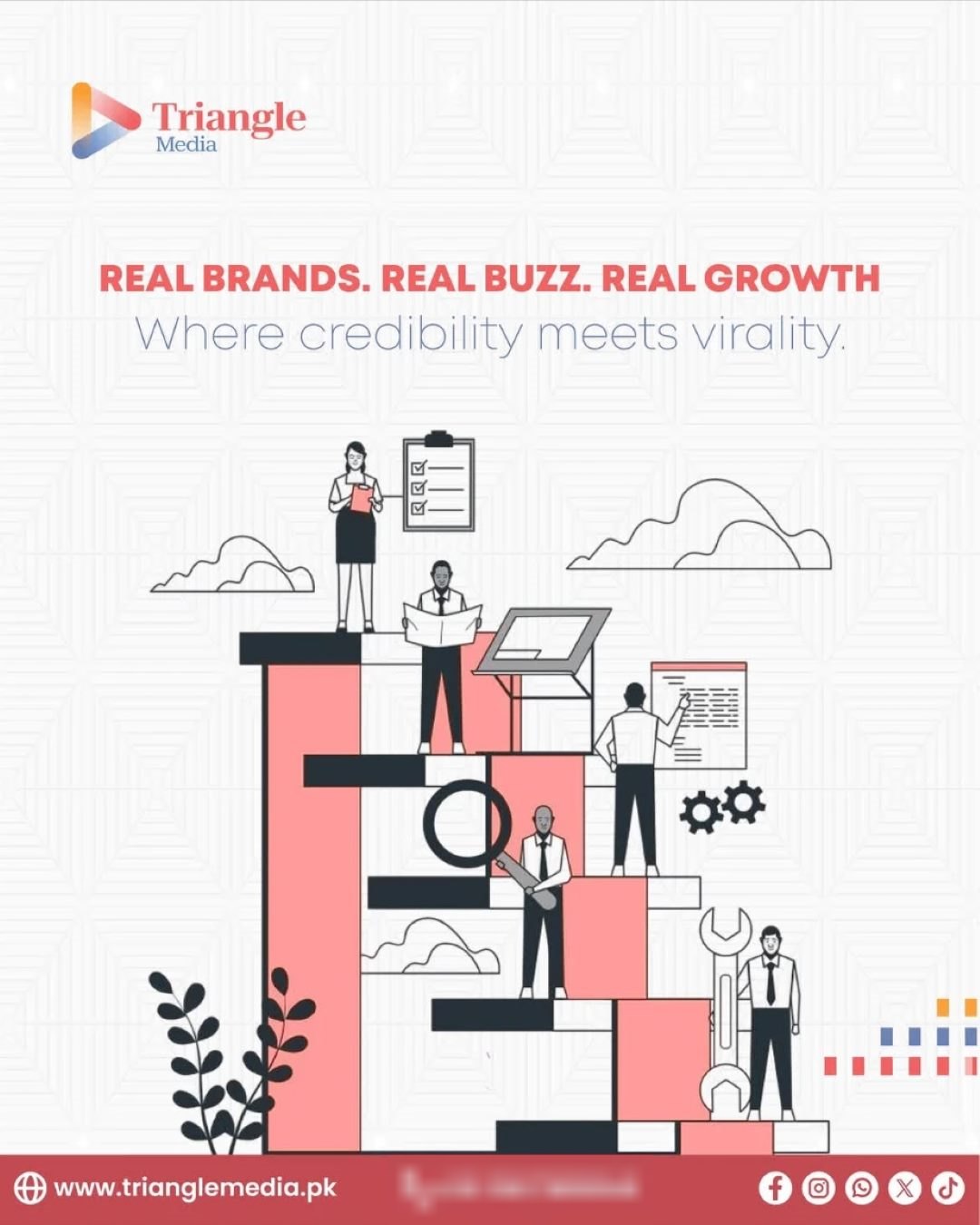 Triangle Media post: Real brands. Real buzz. Real growth. A team climbs coral steps
