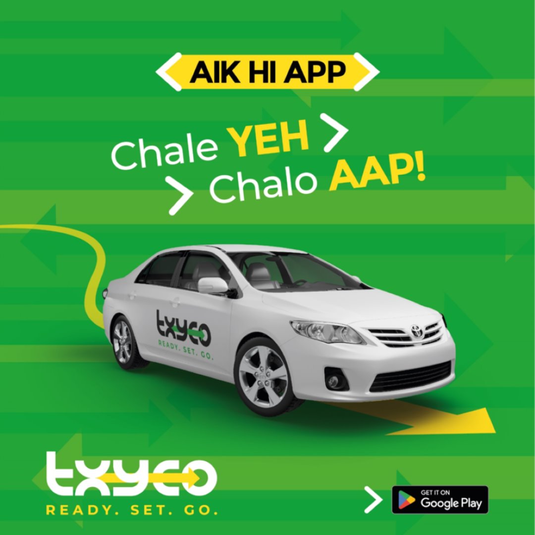 Aik hi app post: a branded car on a green arrow background