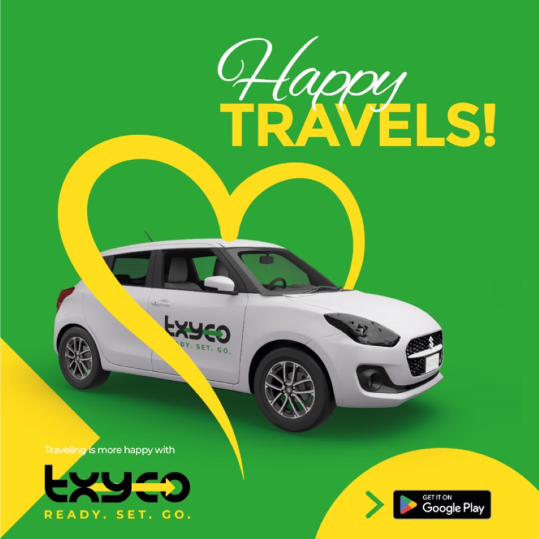 Happy Travels post: a txyco-branded car inside a yellow heart on green