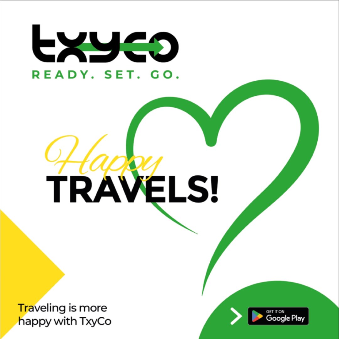 Happy Travels logo post: txyco Ready. Set. Go. with a green heart
